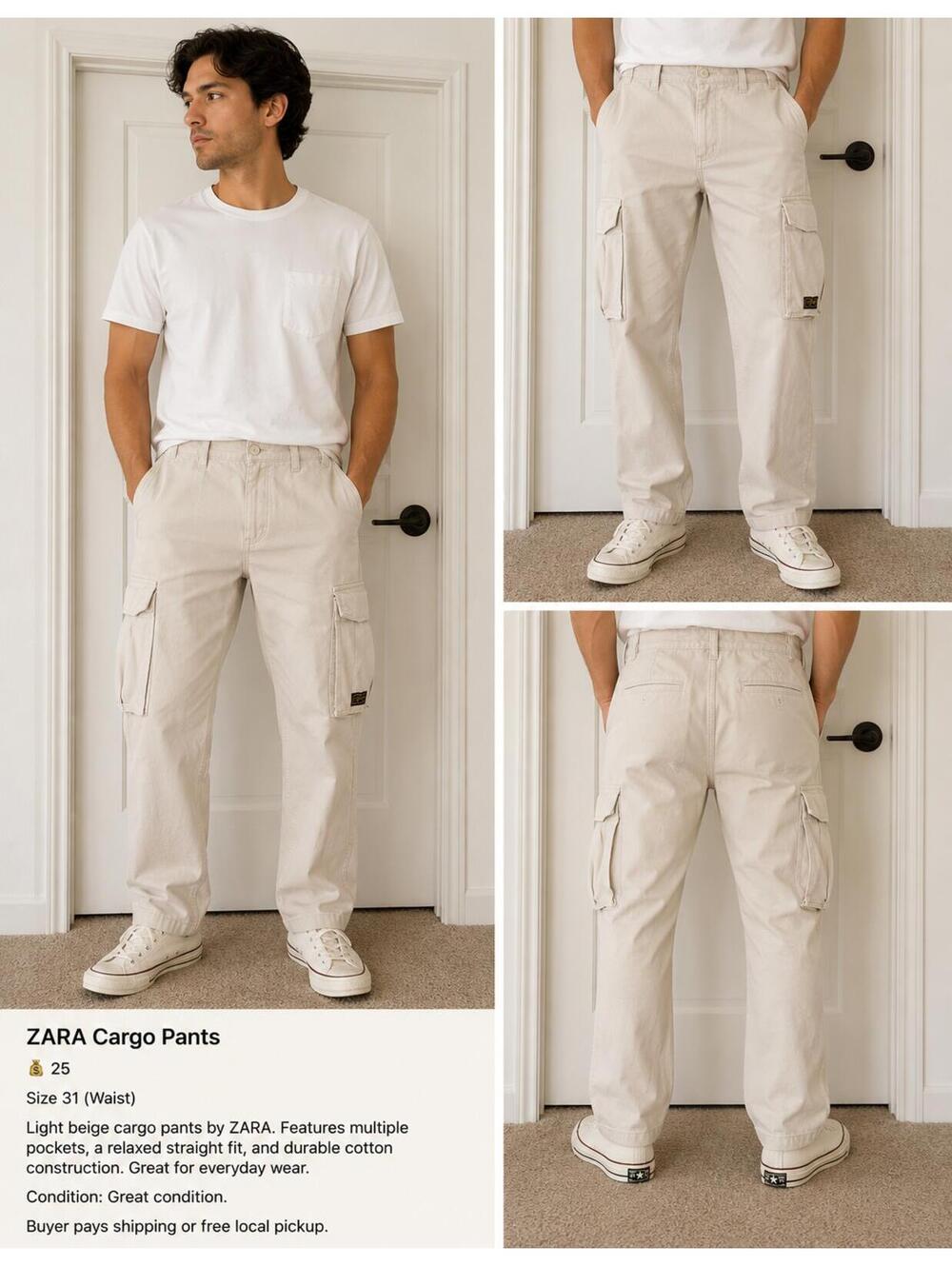Zara Beige Cargo Pants Size 31 Waist